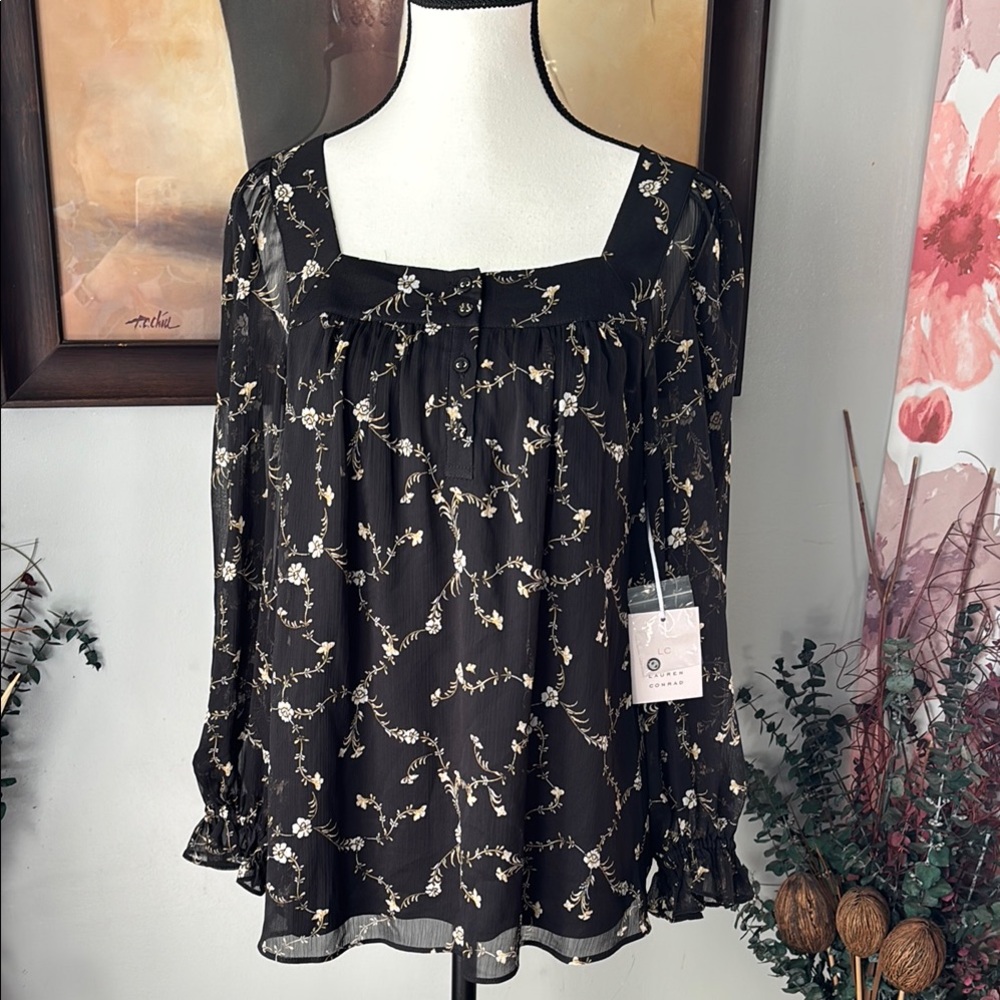 LC Lauren Conrad Black and White Relaxed Long Sleeve Blouse - Picture 5 of 10